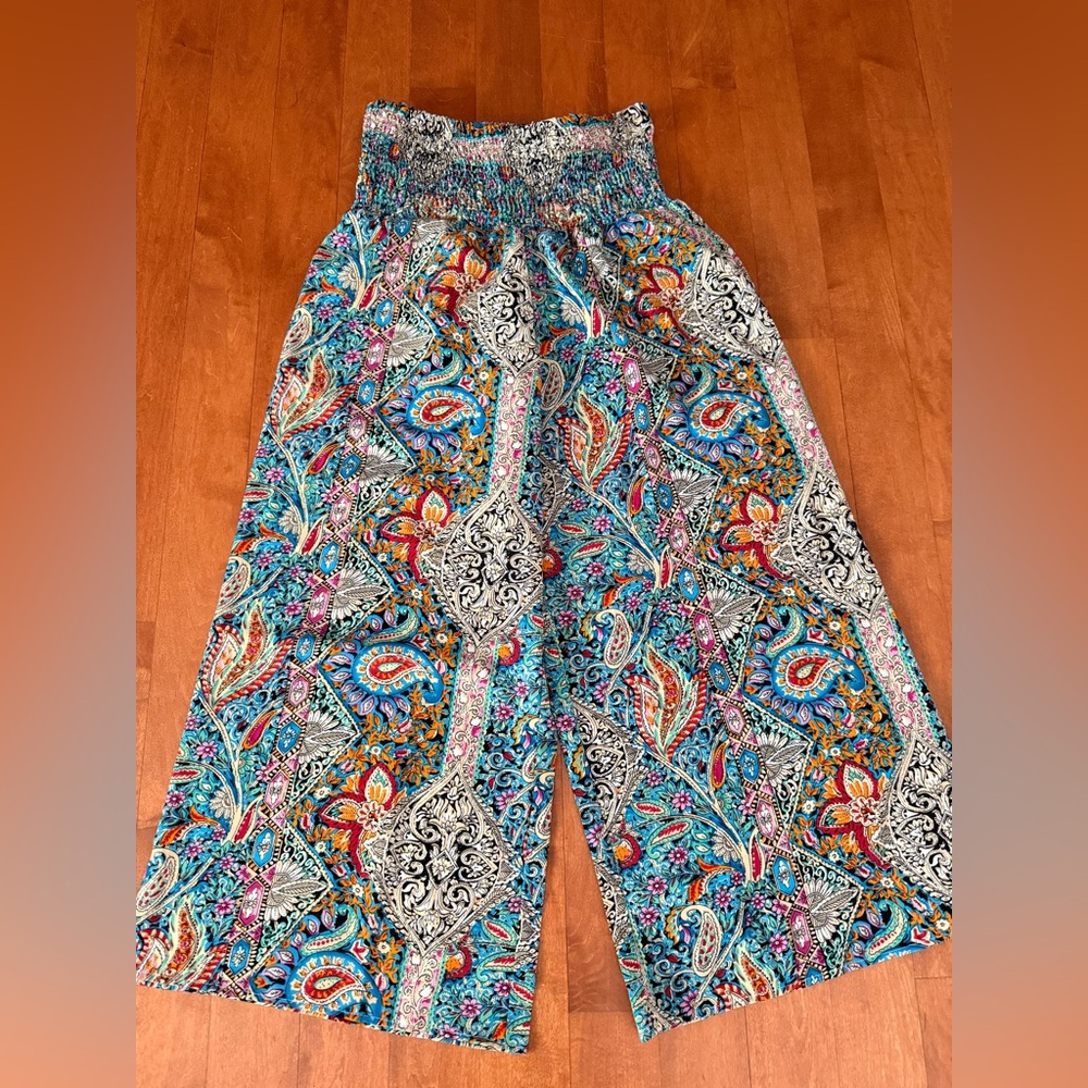 Boho Paisley Wide-Leg Smocked Waist Pants - Multicolor